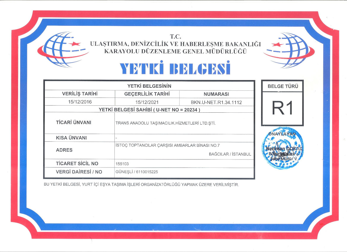 Karayolu Taşımacılık Yetki Belgesi (R1)