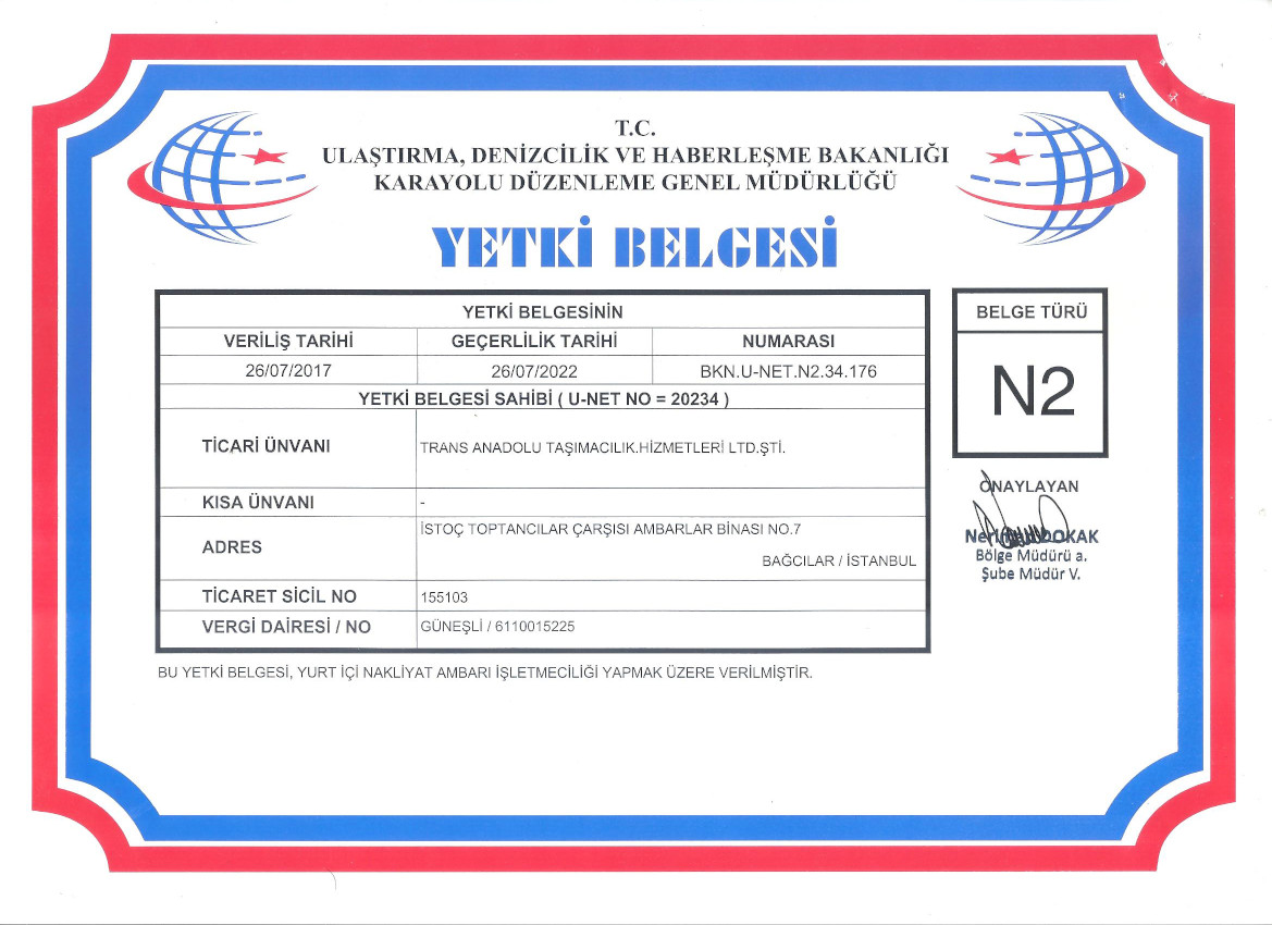 Nakliyat Ambarı İşletmeciliği Yetki Belgesi (N2)
