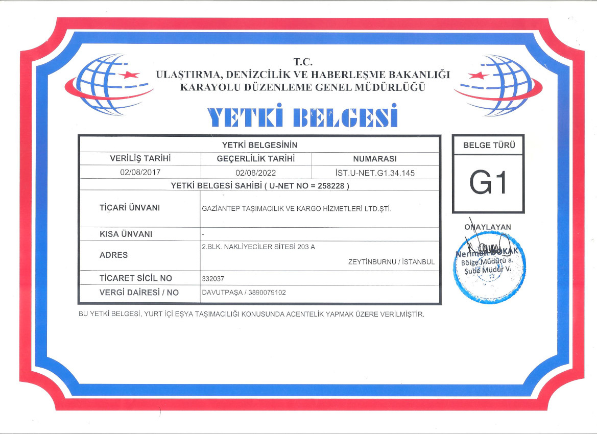 Gaziantep Taşımacılık Kargo yetki belge G1 2