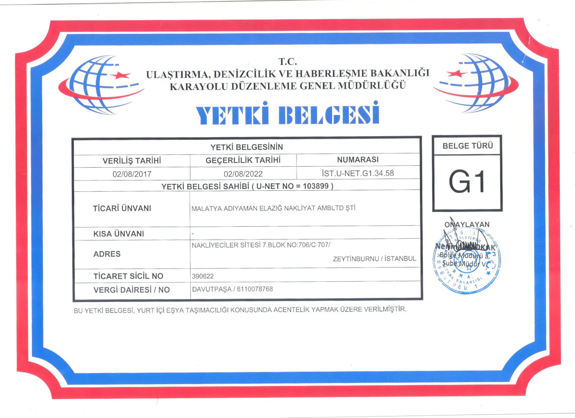 Gaziantep Taşımacılık Kargo yetki belge G1