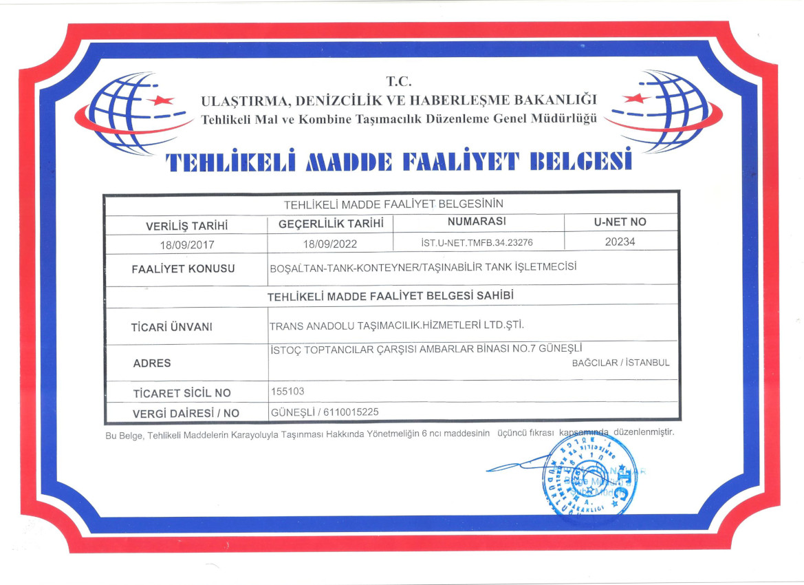 Gaziantep Taşımacılık Kargo yetki belge tehlikeli madde